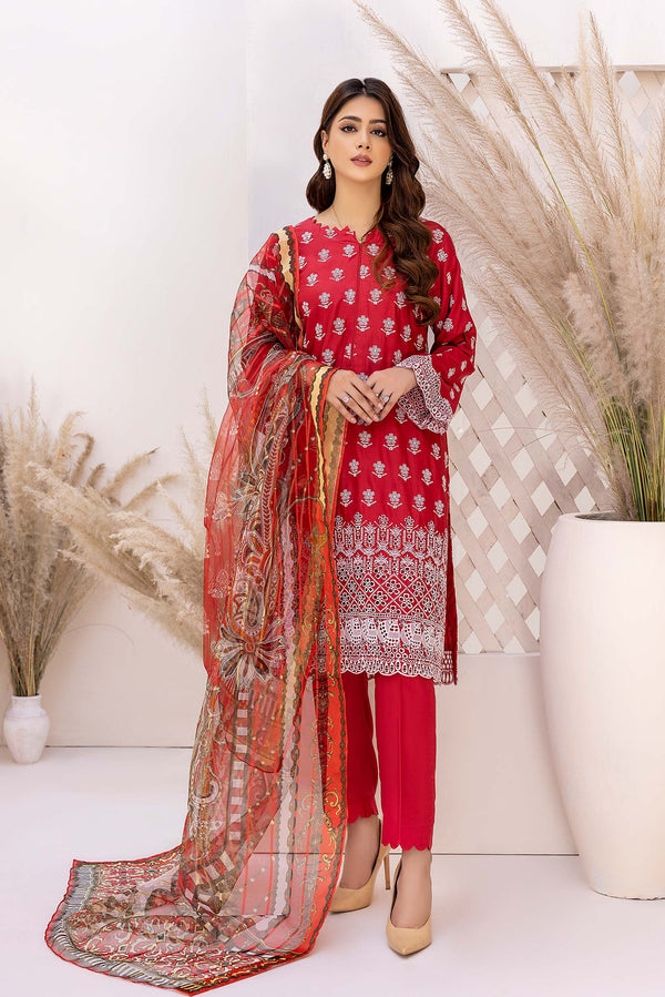 Amber Red - Schiffli Embroidered Linen 3PC Pret By Adans Libas